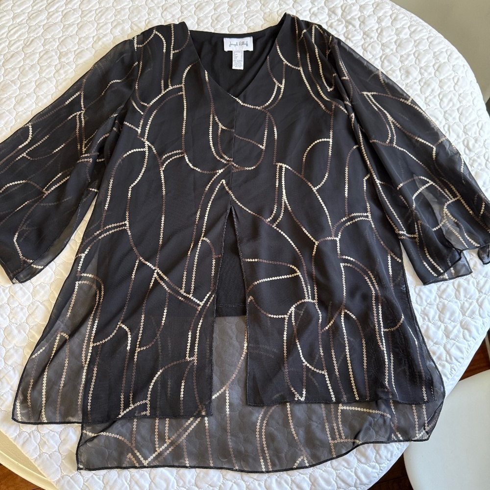 Joseph Ribkoff Sequin Geometric Tunic Top Black Gold V-Neck Bell Sleeve Size 10